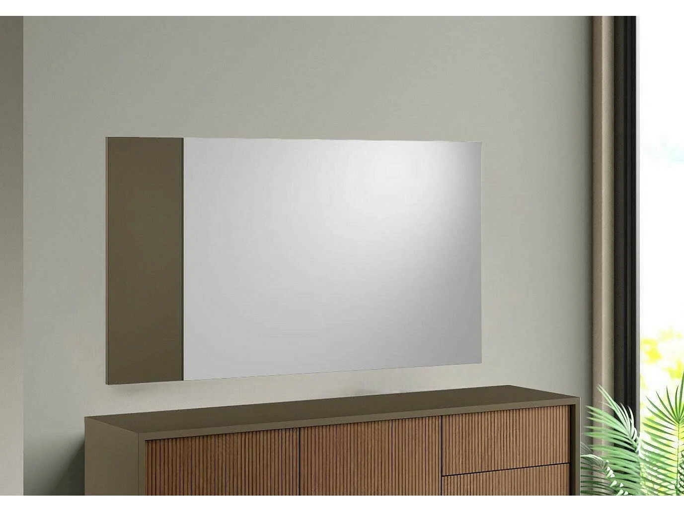 Miroir Coriando, Miroir d'entrée décoratif, Article d'ameublement mural avec profil latéral, 100% Made in Italy, 110x3h60 cm, Blanc et Marron
