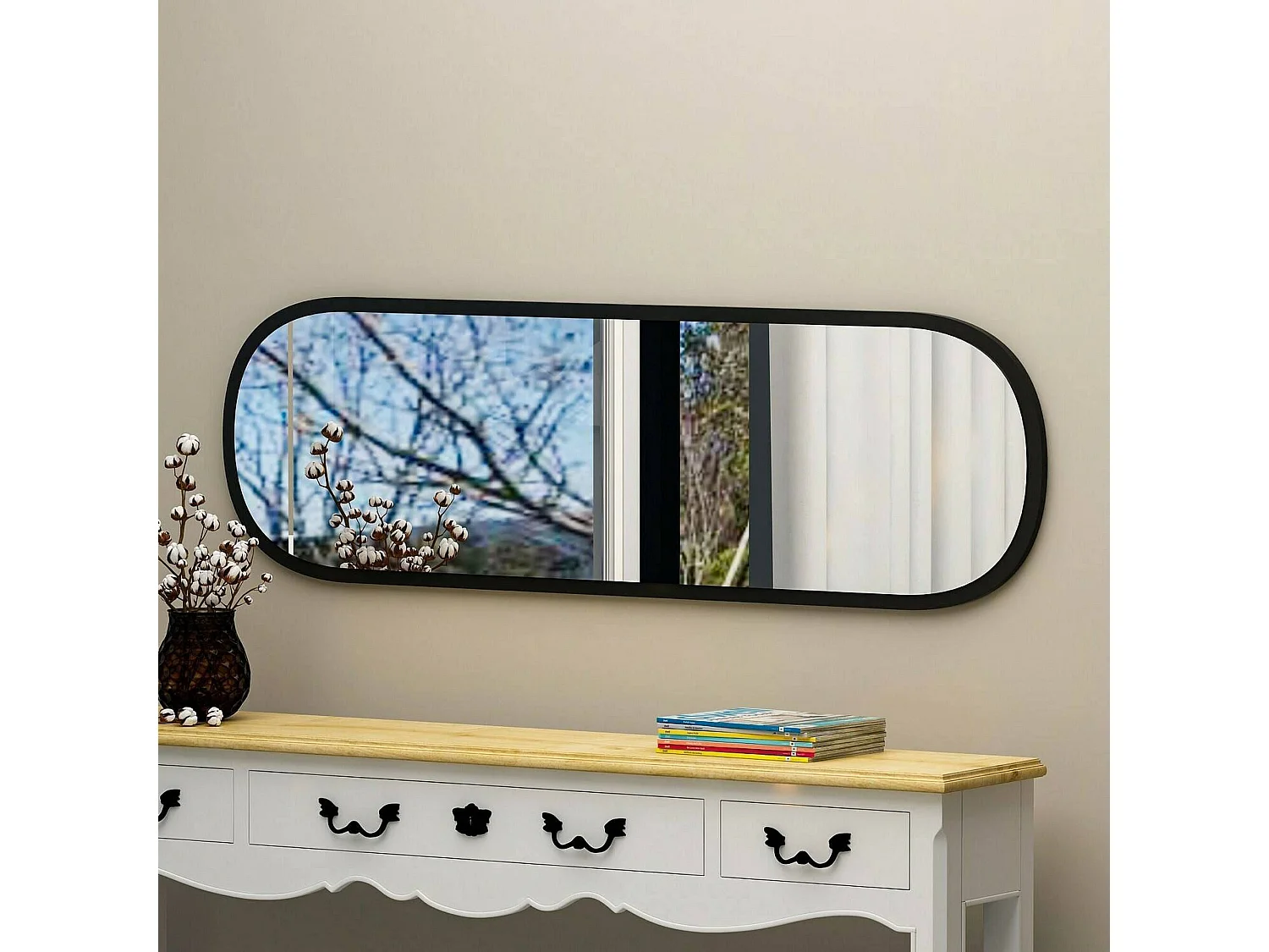 Miroir Calypso, Verre miroité, Objet d'ameublement mural, Décoration avec miroir, 40x2h120 cm, Noir