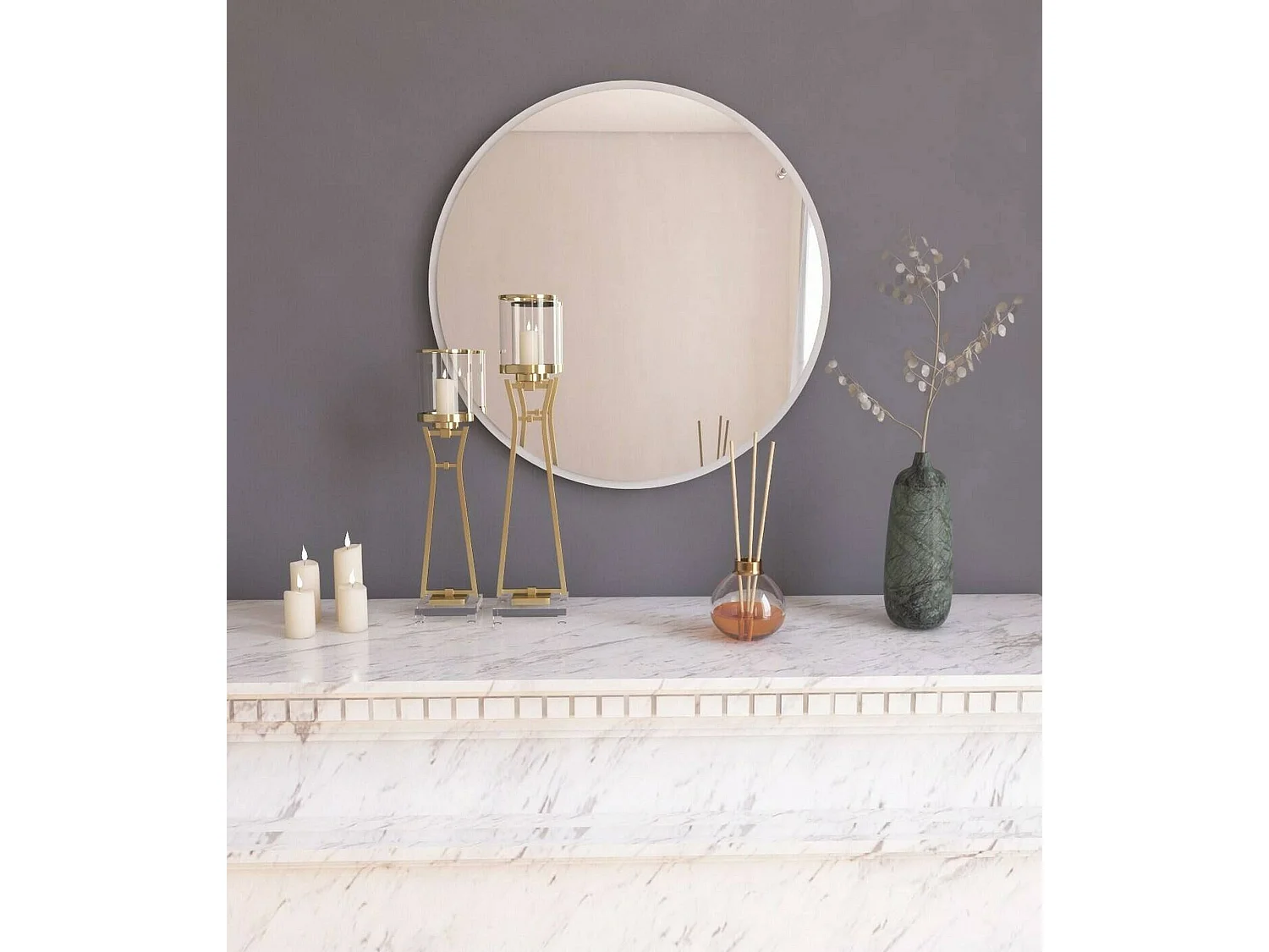 Miroir Euterpe, Verre miroité, Objet d'ameublement mural, Décoration avec miroir, 60x2h60 cm, Blanc