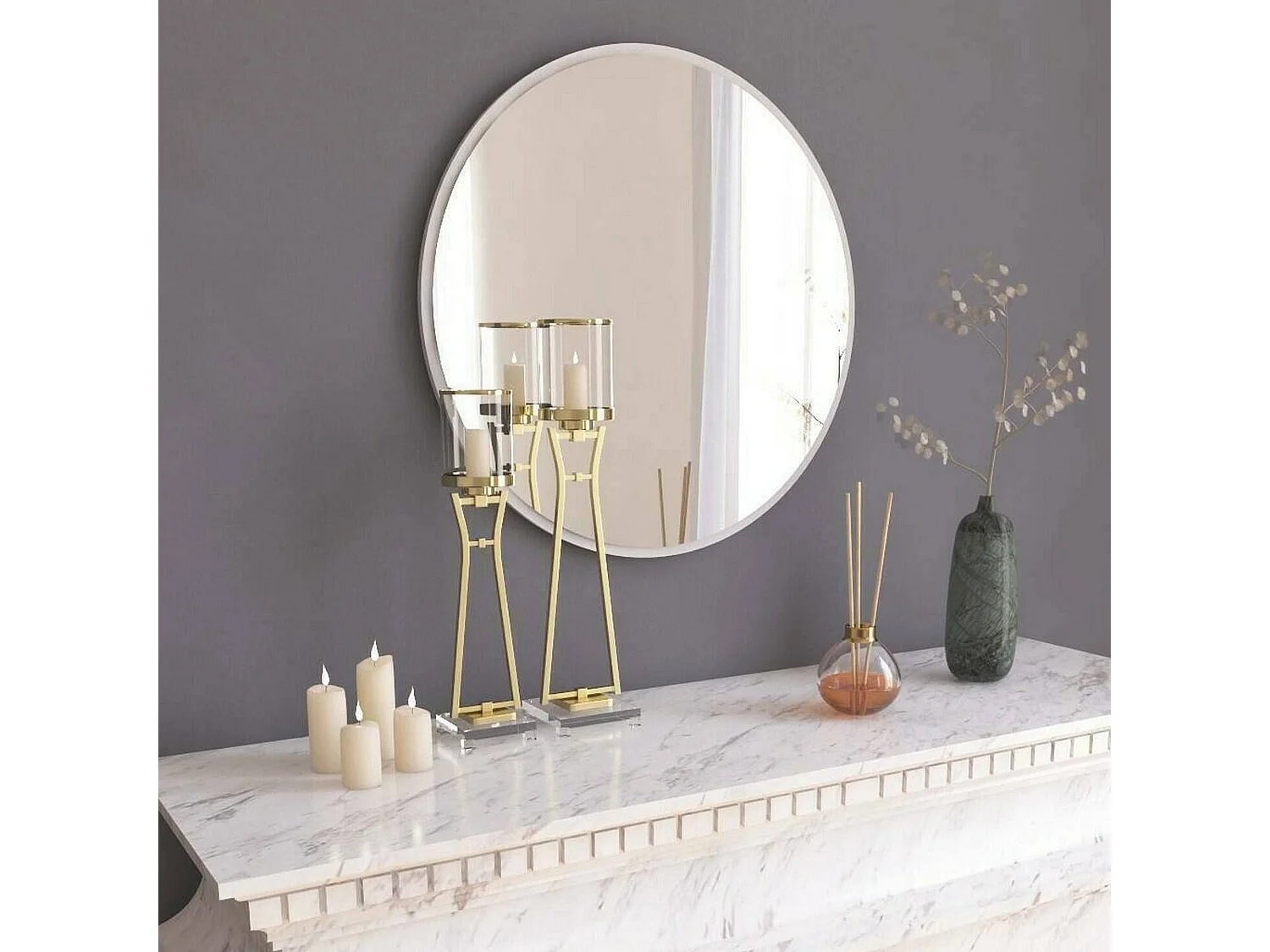 Miroir Euterpe, Verre miroité, Objet d'ameublement mural, Décoration avec miroir, 60x2h60 cm, Blanc