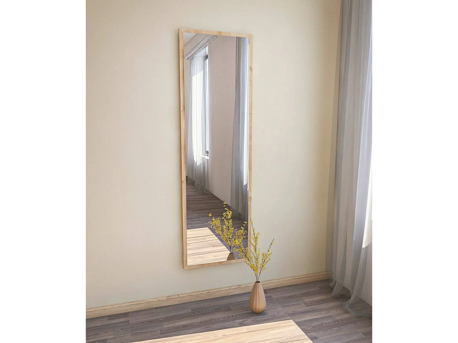 Miroir Alp, Verre miroité, Objet d'ameublement mural, Décoration avec miroir, 50x2h160 cm, Chêne