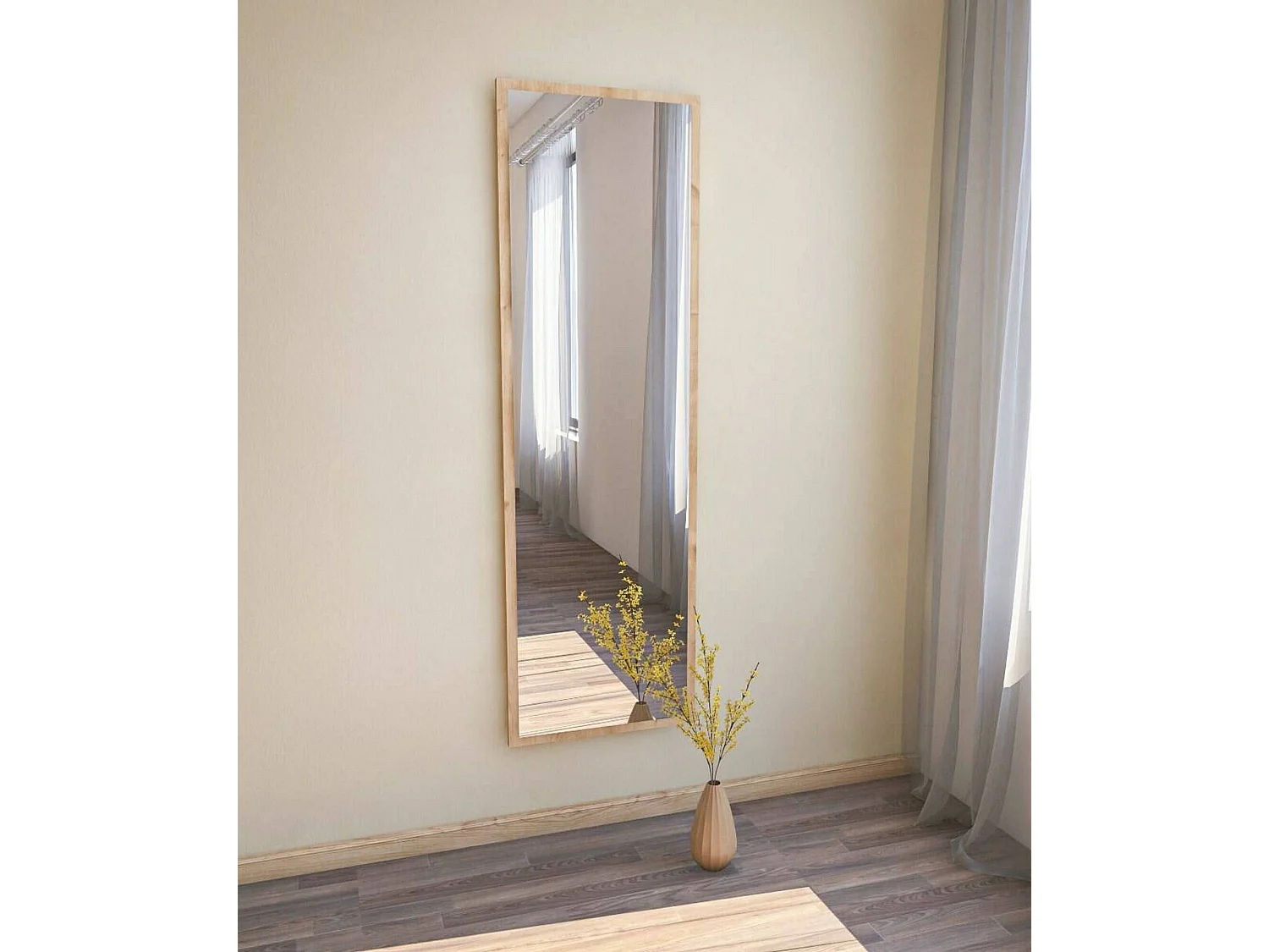 Miroir Alp, Verre miroité, Objet d'ameublement mural, Décoration avec miroir, 50x2h160 cm, Chêne