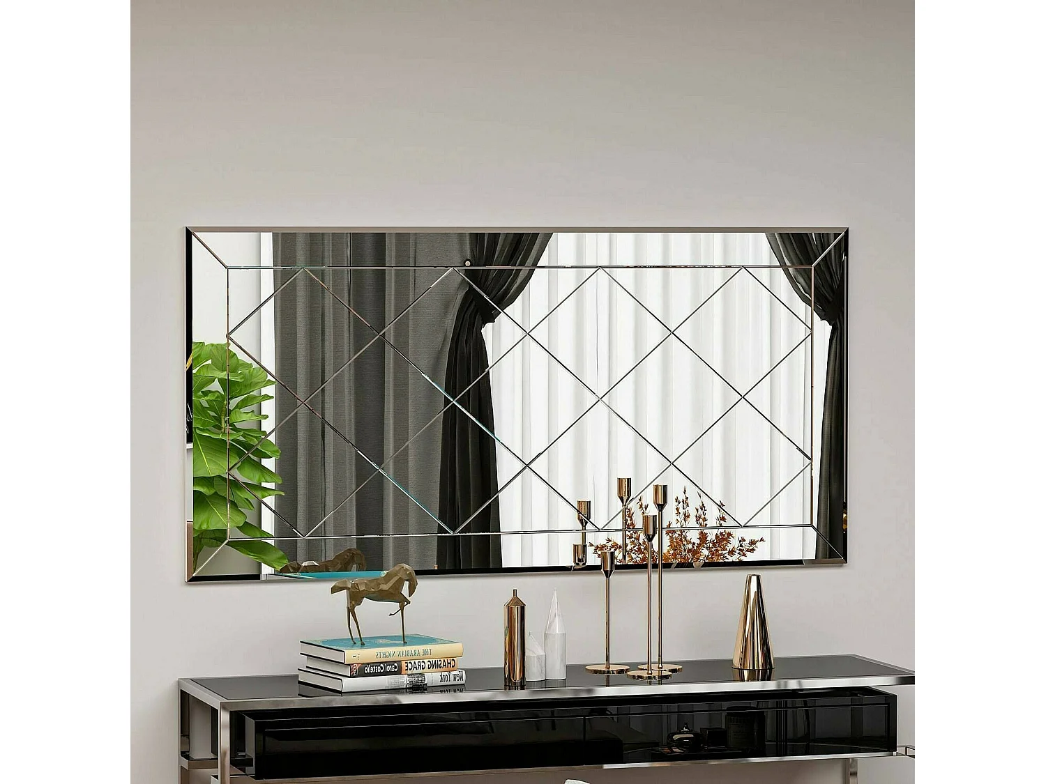 Miroir Qamar, Verre miroité, Objet d'ameublement mural, Décoration avec miroir, 60x2h120 cm, Blanc