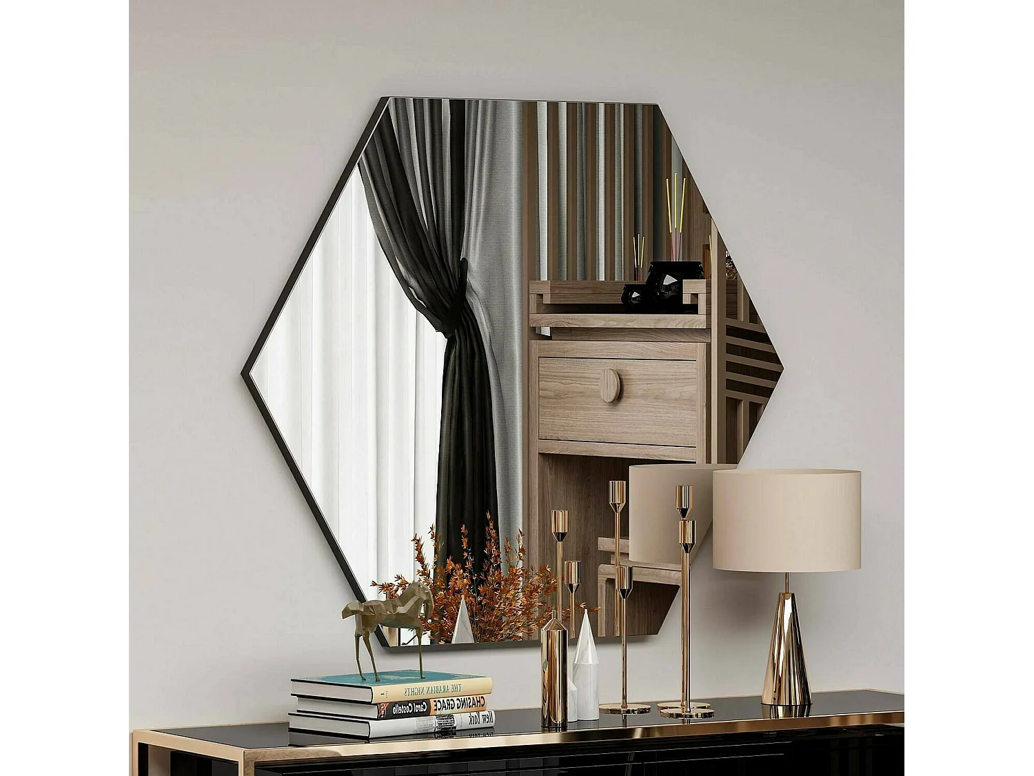 Dpegol-spier, Spiegel, Wanddecoratie, Spiegeldecoratie, 70x2h60 cm, Zwart