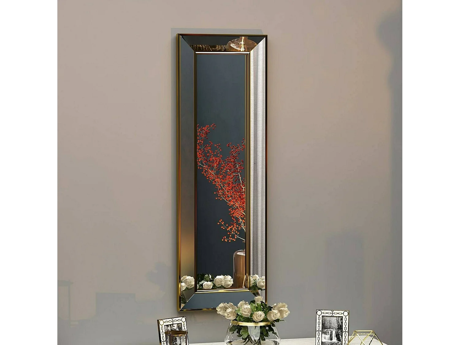 Miroir Musca, Verre miroité, Objet d'ameublement mural, Décoration avec miroir, 30x3h90 cm, Or