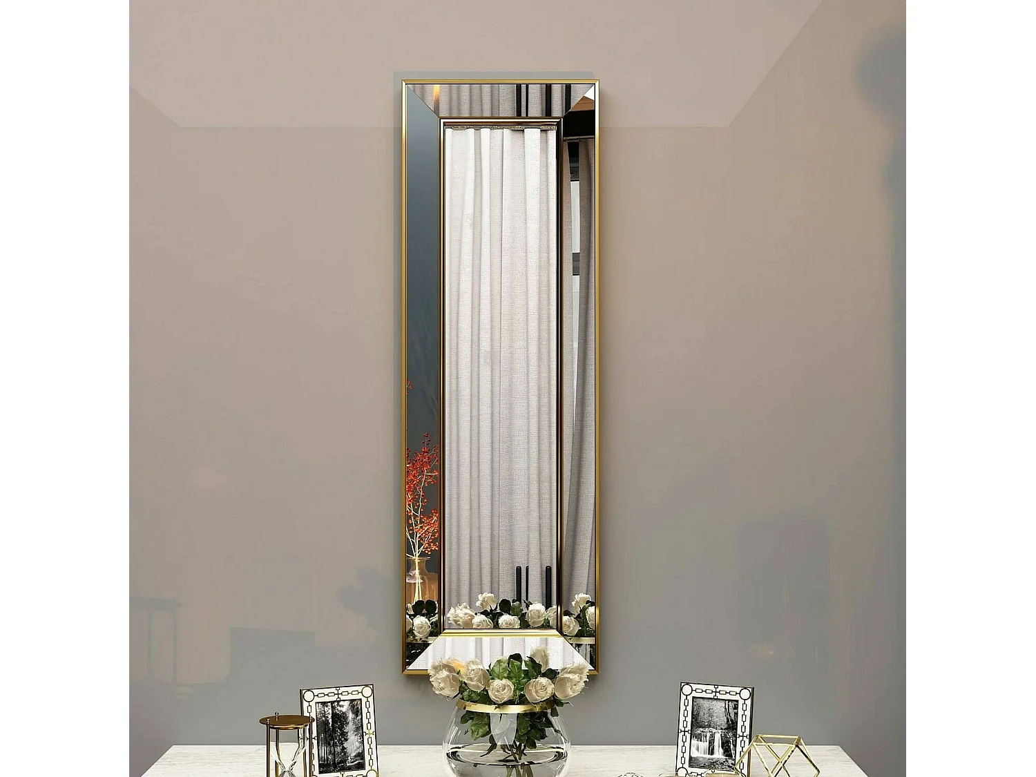 Miroir Musca, Verre miroité, Objet d'ameublement mural, Décoration avec miroir, 30x3h90 cm, Or