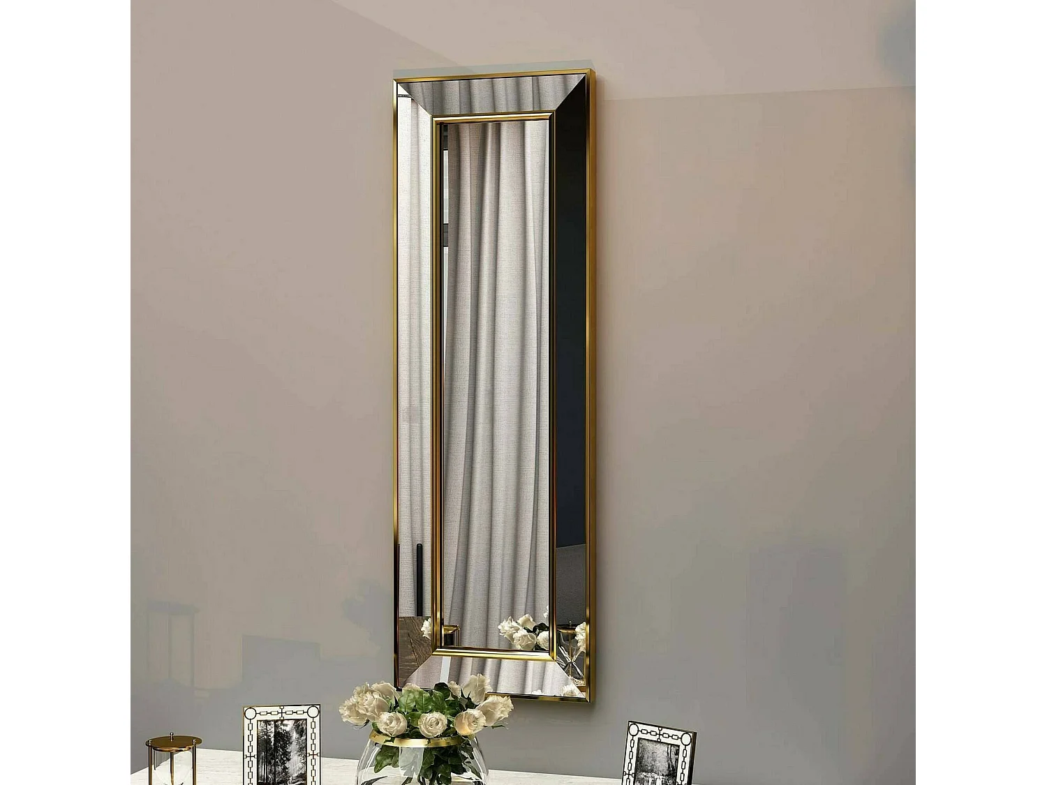 Miroir Musca, Verre miroité, Objet d'ameublement mural, Décoration avec miroir, 30x3h90 cm, Or