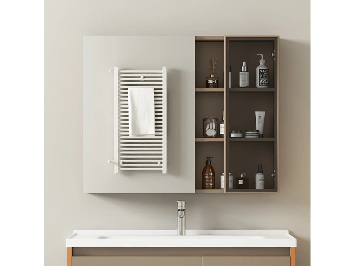 Armoire de toilette - armoire de salle de bain largeur 80 cm - avec étagères - marron clair