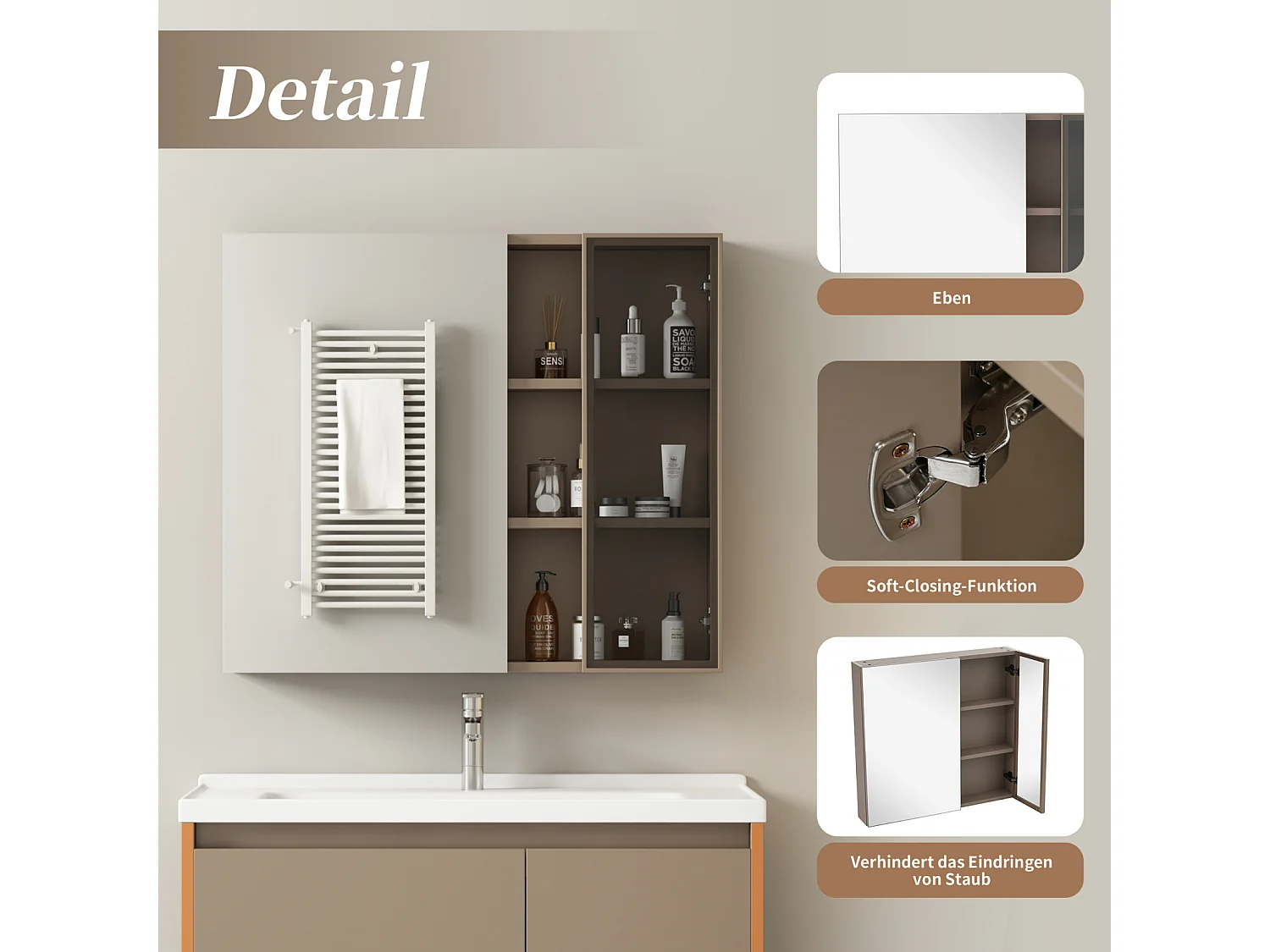 Armoire de toilette - armoire de salle de bain largeur 80 cm - avec étagères - marron clair