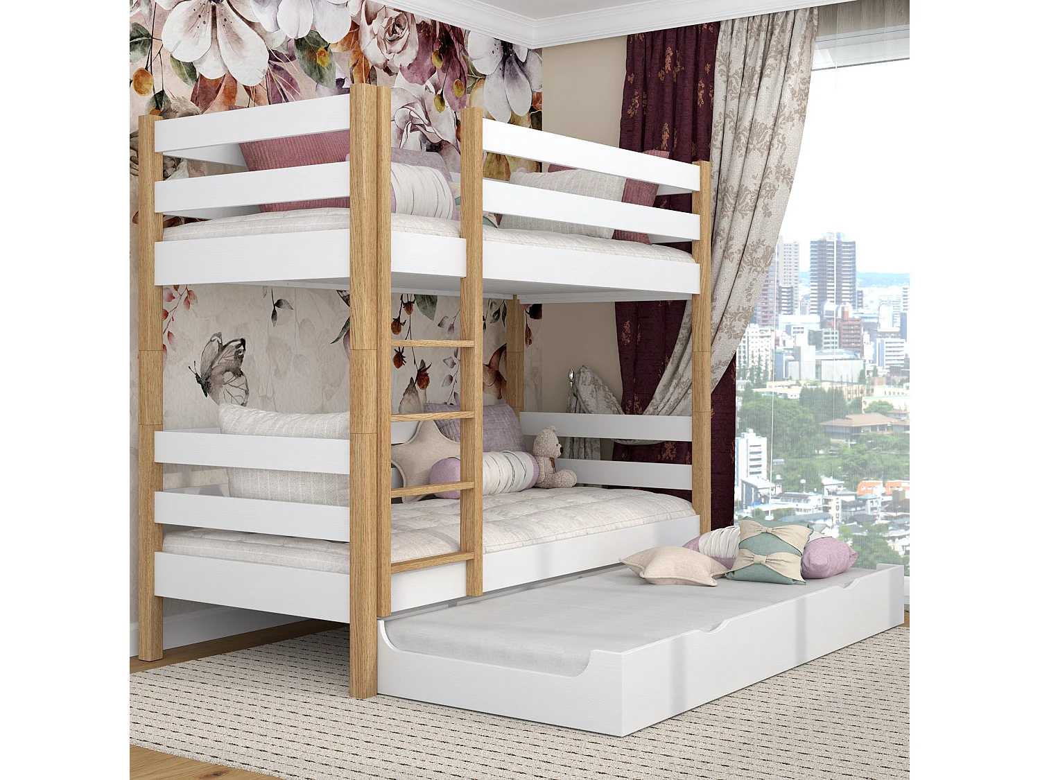 Lit superposé en bois - avec tiroir pour matelas N01 Blanc / Chêne Naturel 100x190