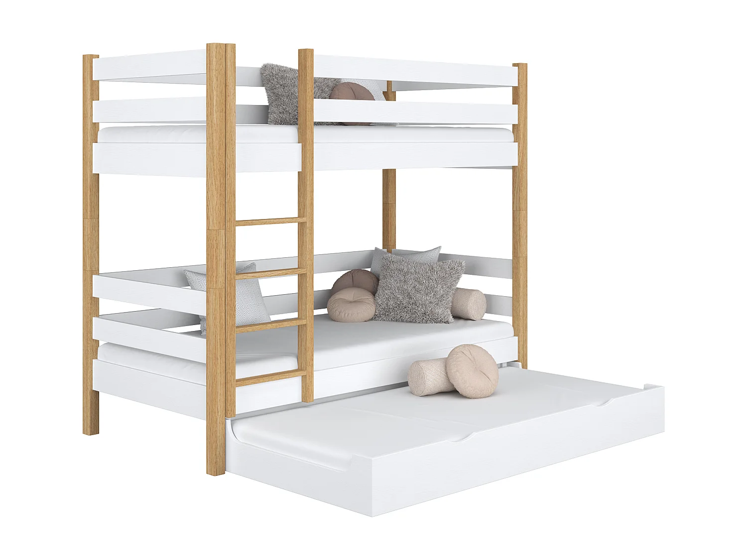 Lit superposé en bois - avec tiroir pour matelas N01 Blanc / Chêne Naturel 100x190