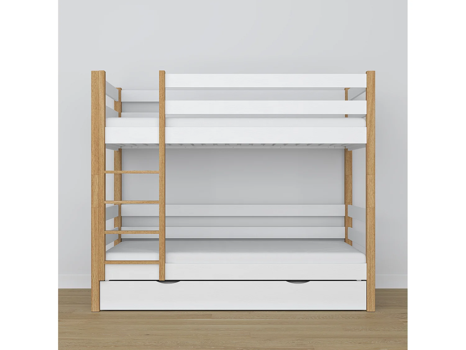 Lit superposé en bois - avec tiroir pour matelas N01 Blanc / Chêne Naturel 100x190