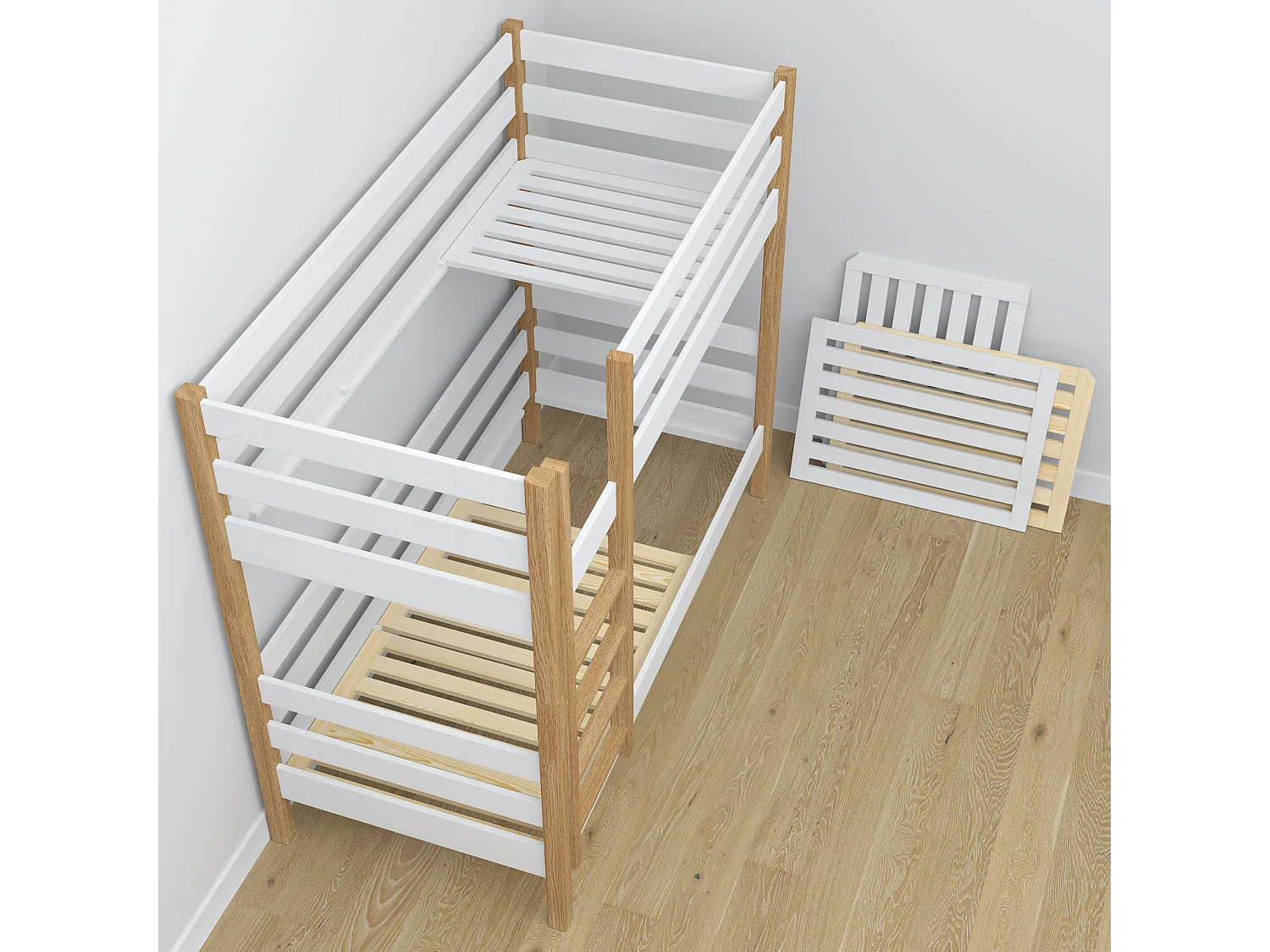 Lit superposé en bois - avec tiroir pour matelas N01 Blanc / Chêne Naturel 100x190