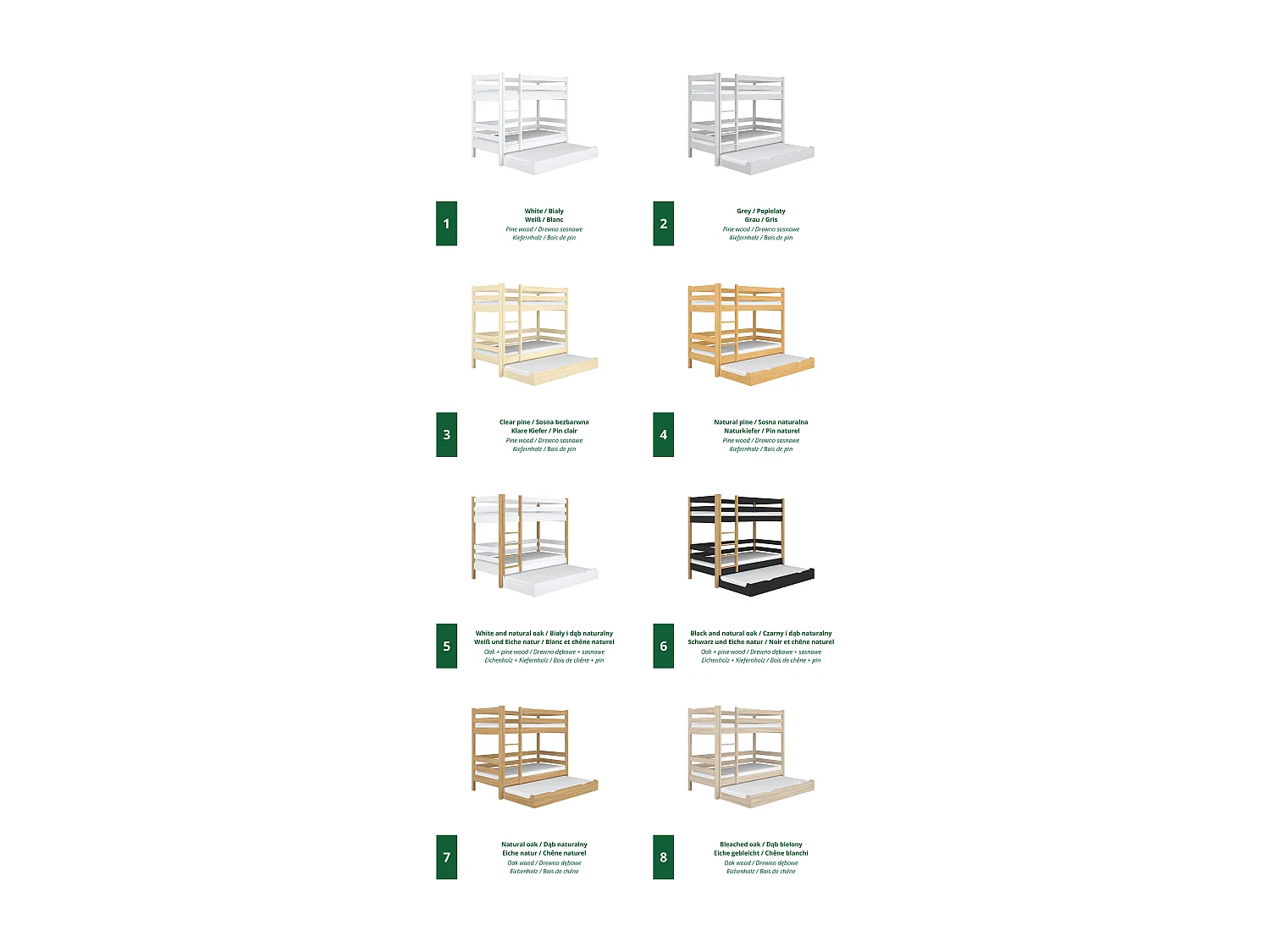 Lit superposé en bois - avec tiroir pour matelas N01 Blanc / Chêne Naturel 100x190