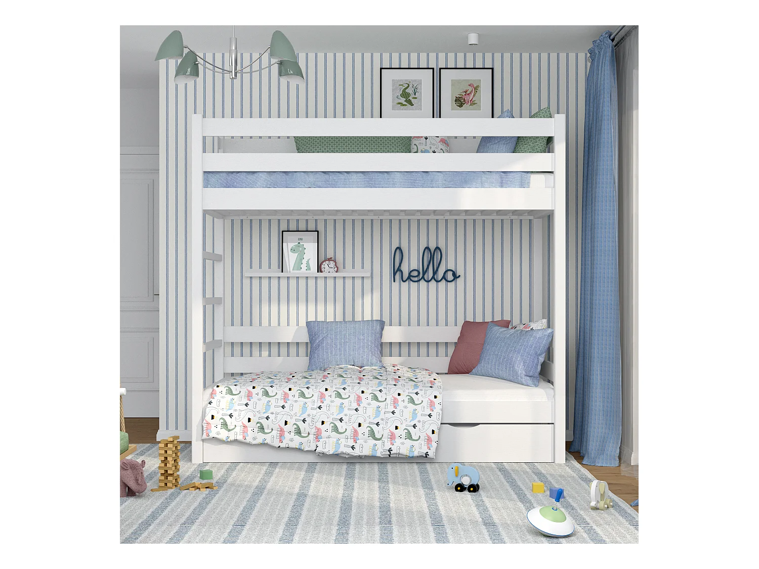 Lit superposé en bois - avec tiroir pour matelas N03 Blanc 120x190