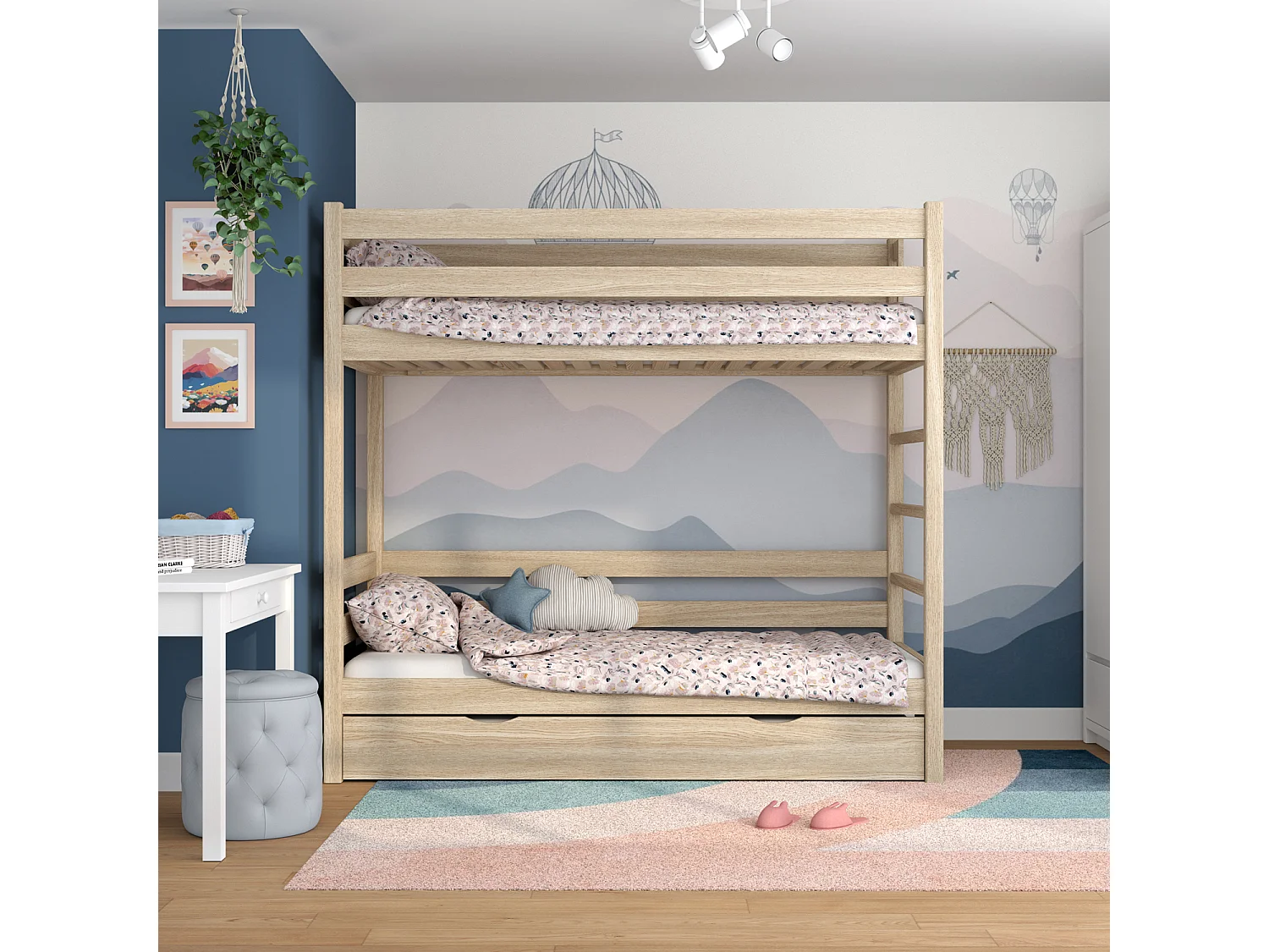 Lit superposé en chêne - avec tiroir pour matelas N03 Chêne Blanchi 90x200