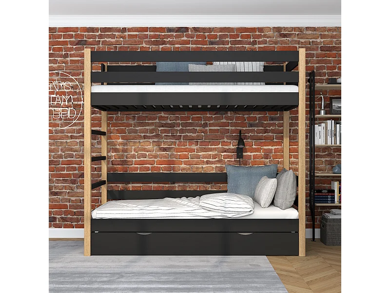 ETAGENBETT N03 mit Matratzenschublade Schwarz / Eiche Natur 90x190