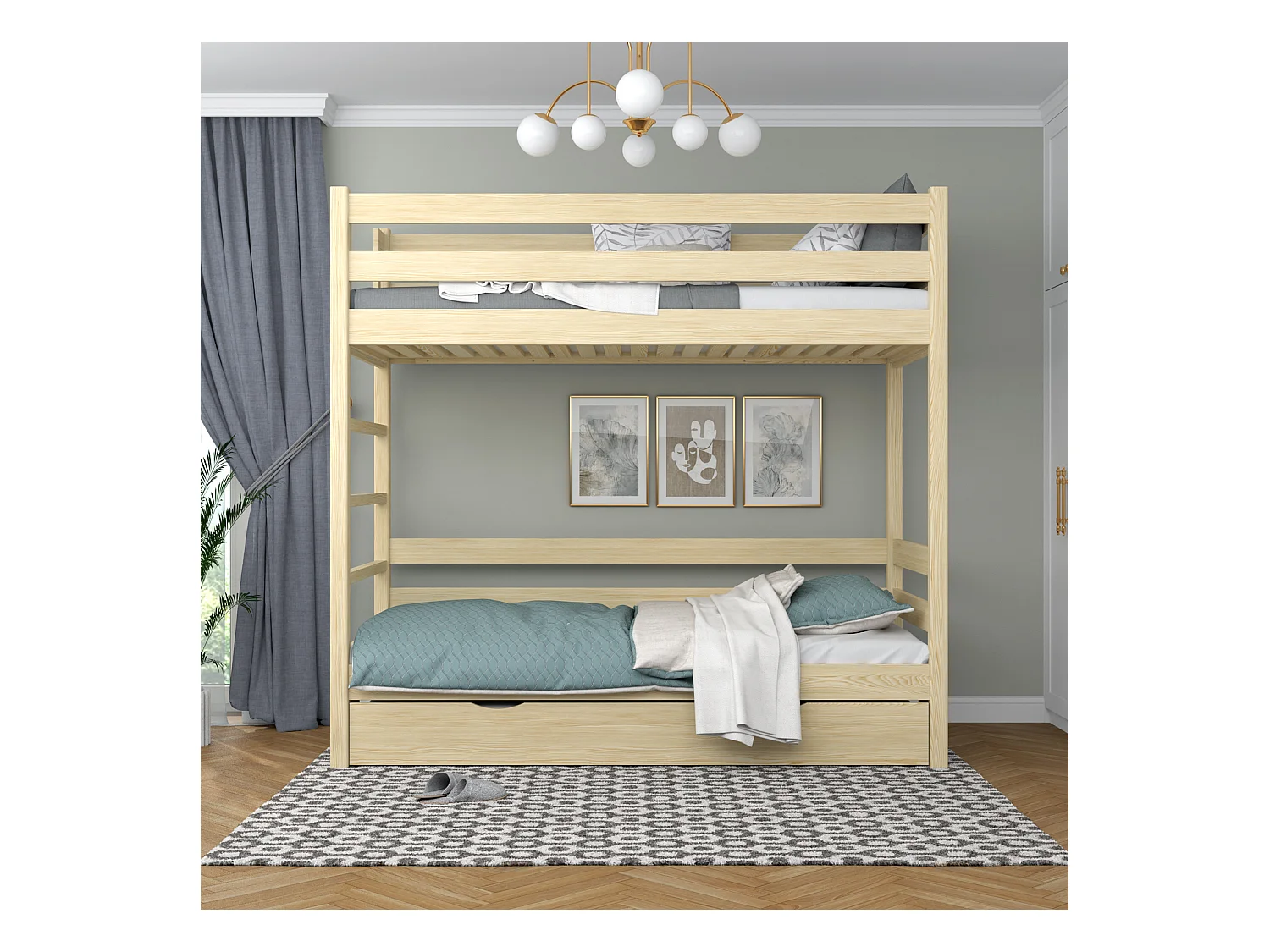 Lit superposé en bois - avec tiroir pour matelas N03 Pin Clair 80x200