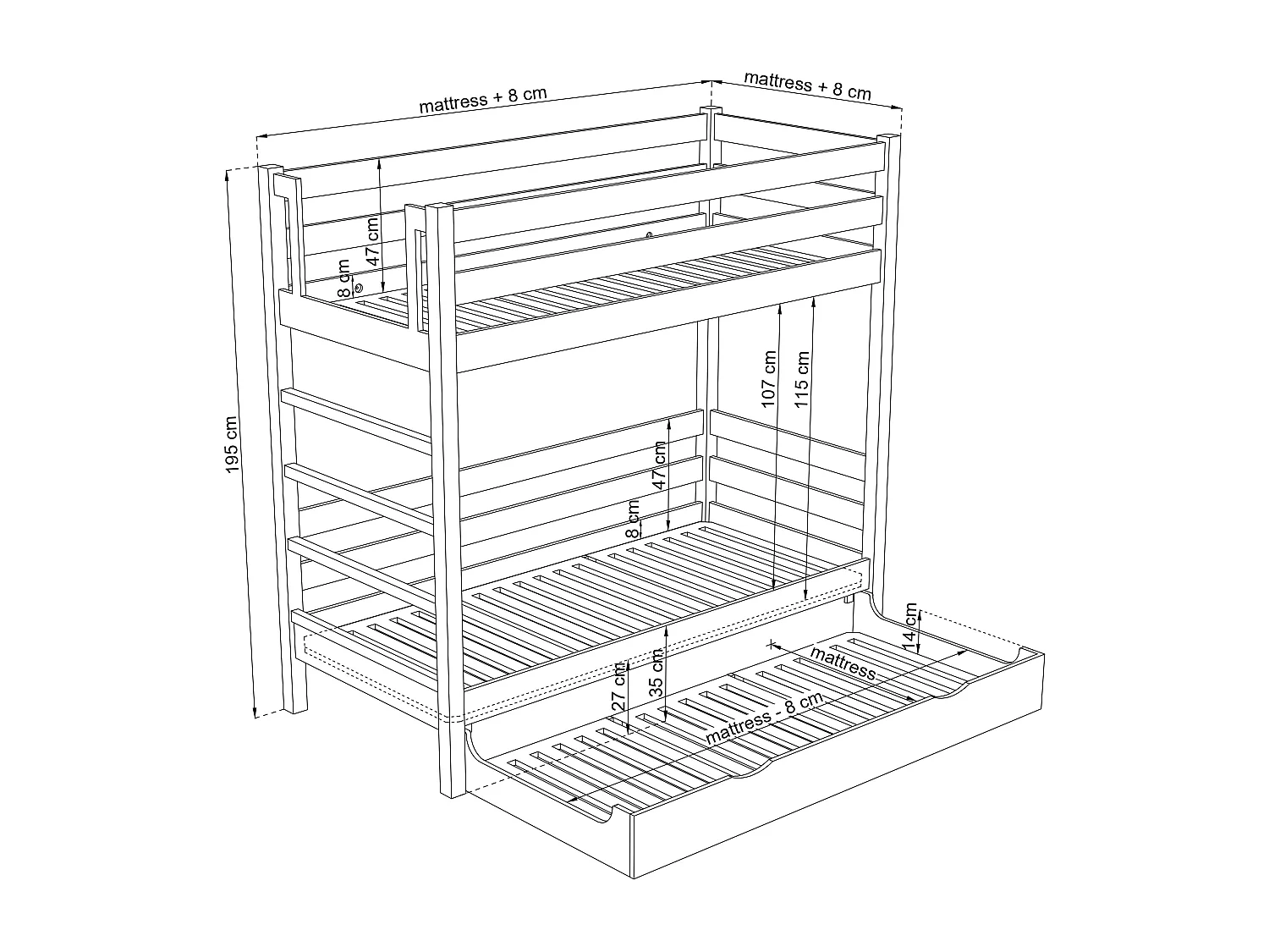 Lit superposé en bois - avec tiroir pour matelas N03 Noir / Chêne Naturel 80x190