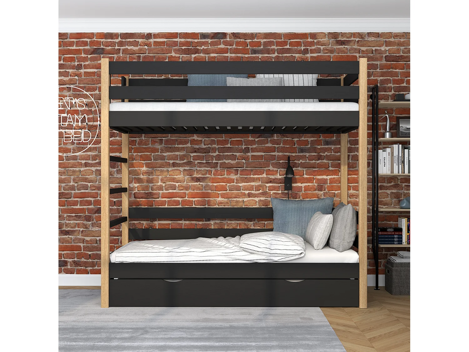 ETAGENBETT N03 mit Matratzenschublade Schwarz / Eiche Natur 80x190