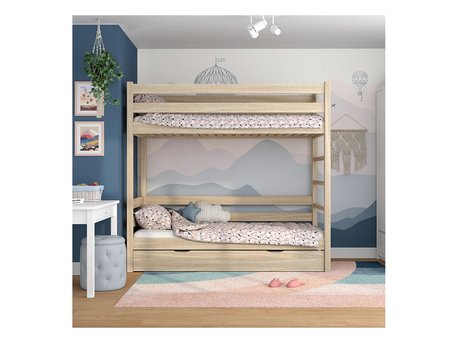 Lit superposé en chêne - avec tiroir pour matelas N03 Chêne Blanchi 80x200