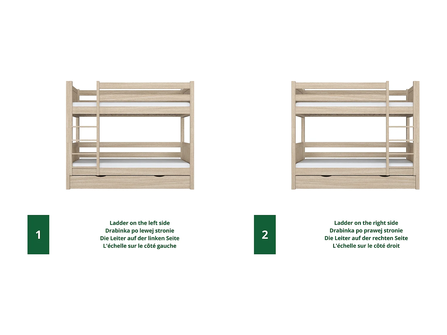 Lit superposé en chêne - avec tiroir pour matelas N02 Chêne Blanchi 90x180