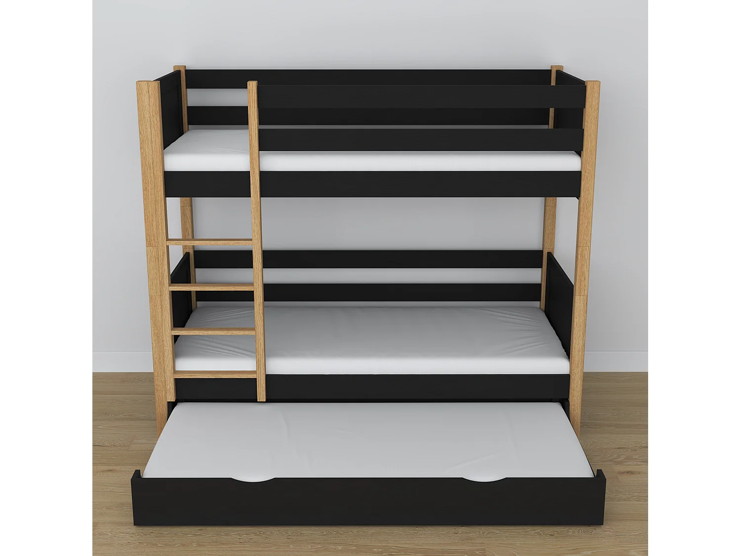 ETAGENBETT N02 mit Matratzenschublade Schwarz / Eiche Natur 120x190