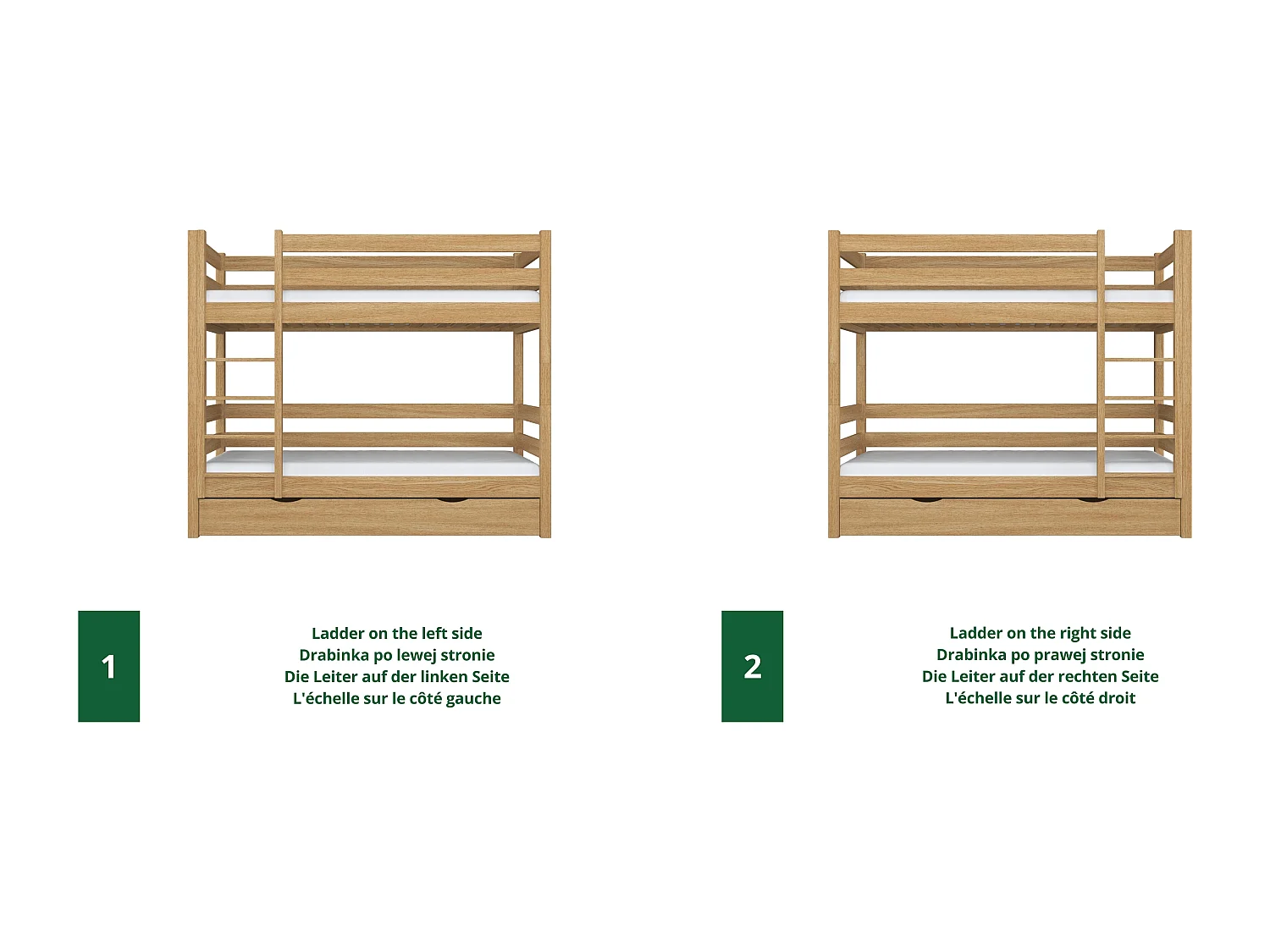 Lit superposé en chêne - avec tiroir pour matelas N01 Chêne Naturel 100x180