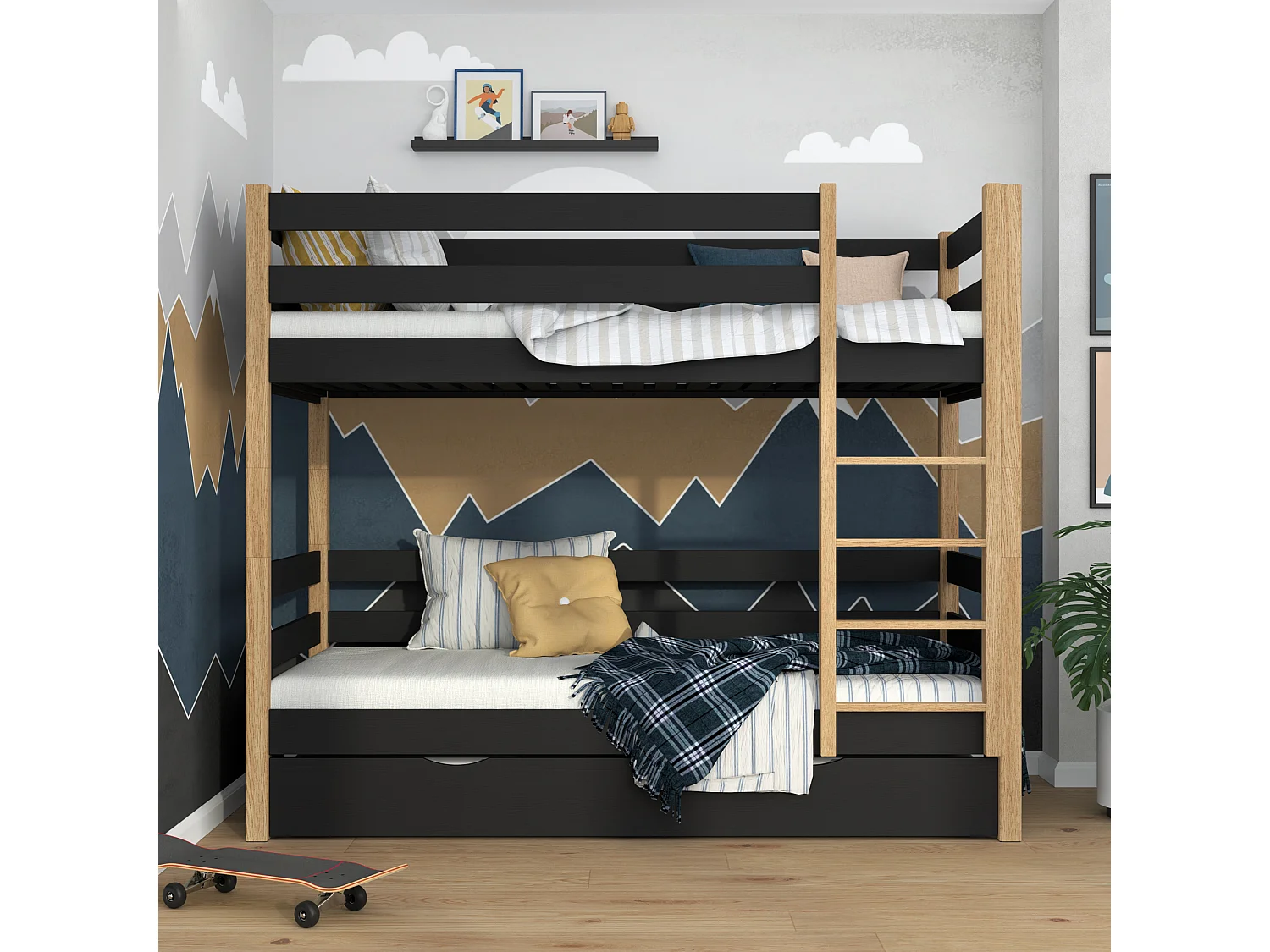 ETAGENBETT N01 mit Matratzenschublade Schwarz / Eiche Natur 120x190