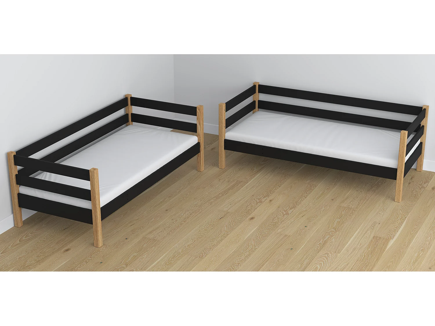 Lit superposé en bois - avec tiroir pour matelas N01 Noir / Chêne Naturel 120x200