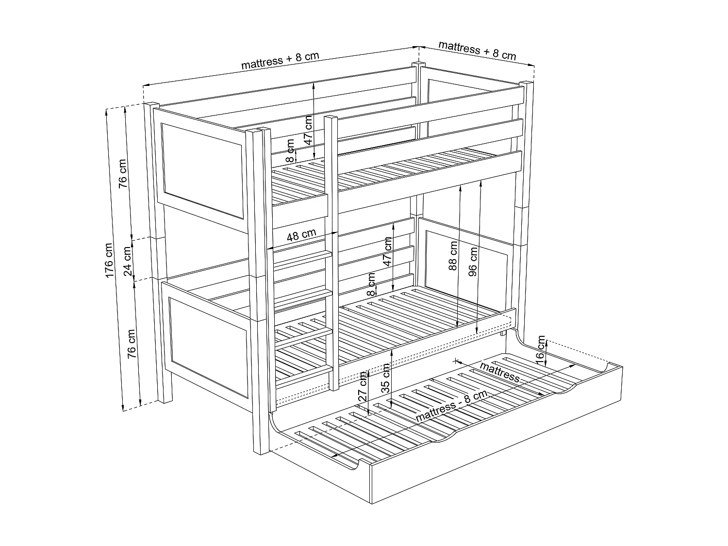 ETAGENBETT N02 mit Matratzenschublade Naturkiefer 90x200