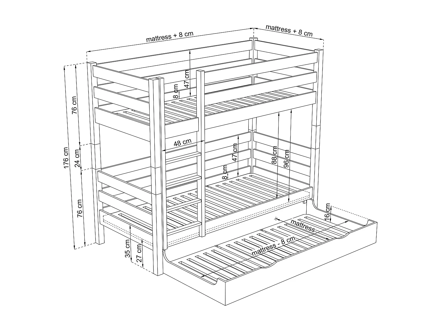 ETAGENBETT N01 mit Matratzenschublade Eiche Natur 90x180
