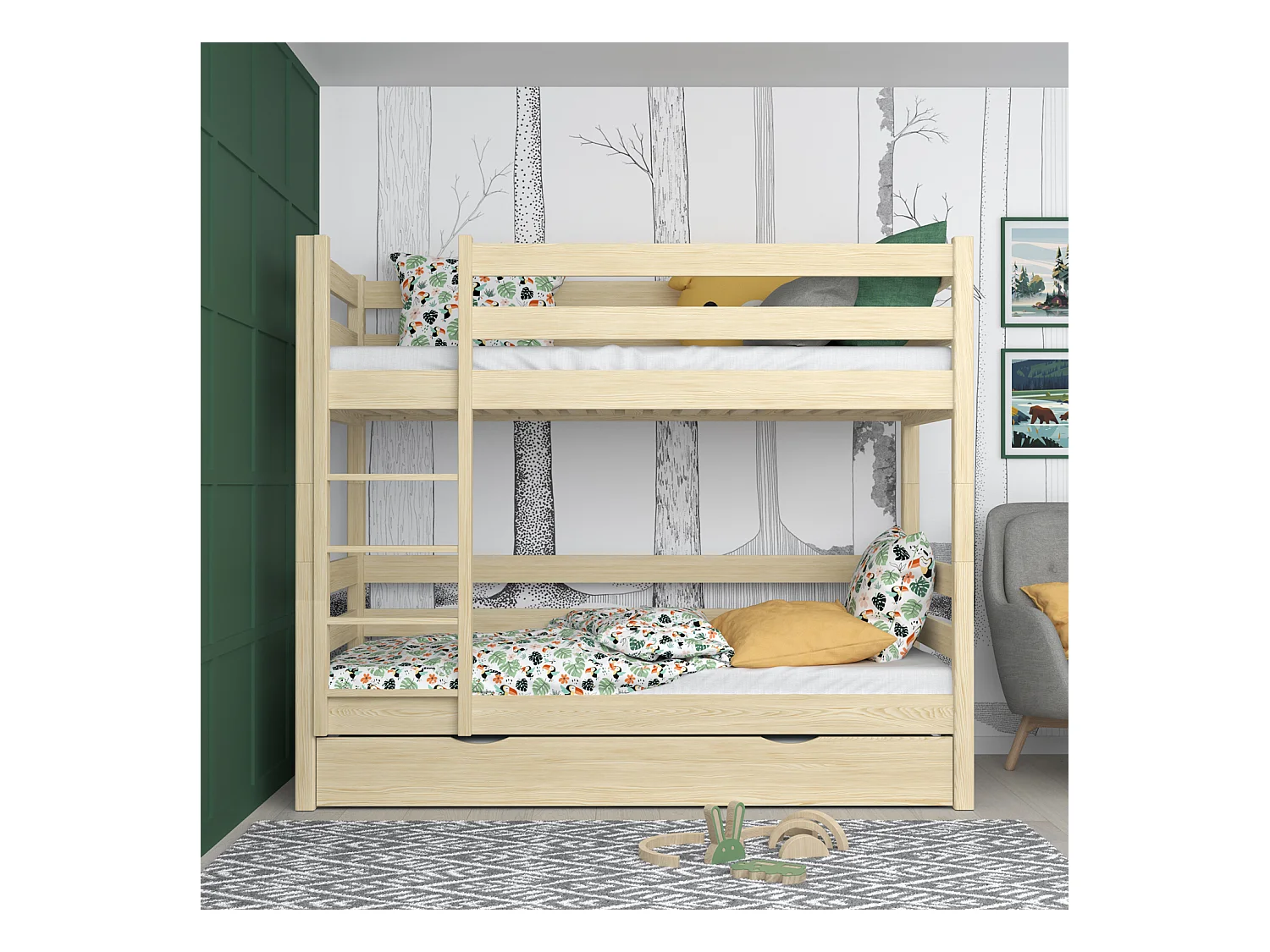 ETAGENBETT N01 mit Matratzenschublade Klare Kiefer 100x190