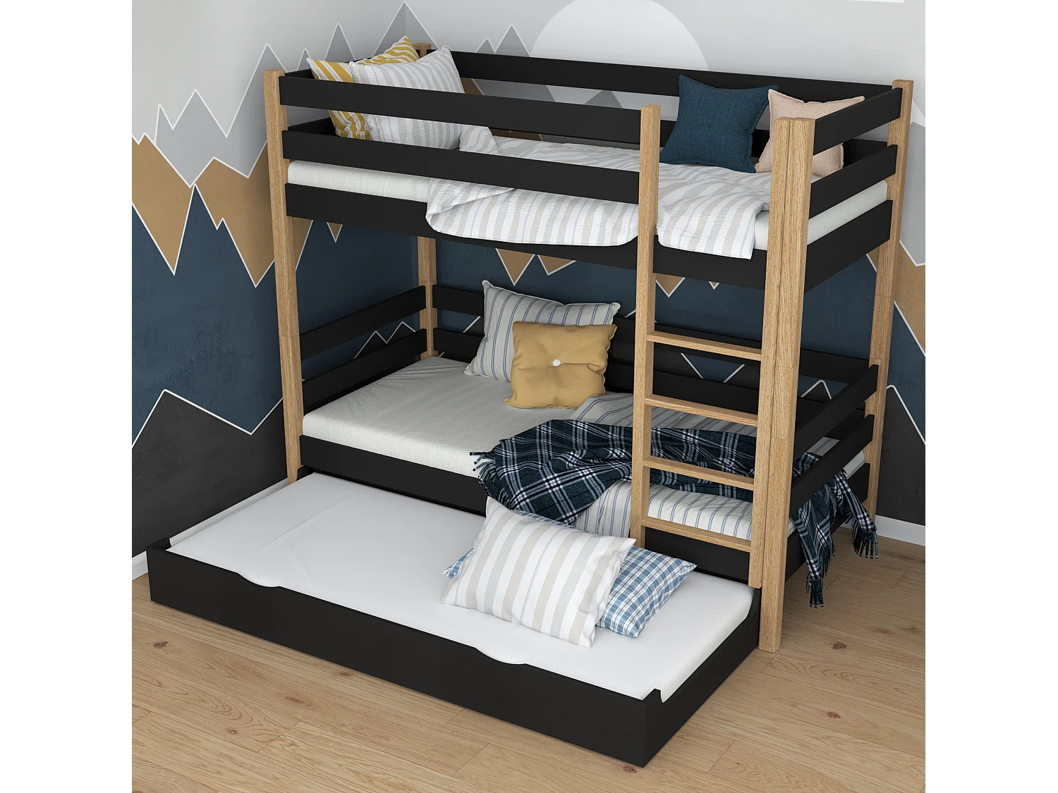 Lit superposé en bois - avec tiroir pour matelas N01 Noir / Chêne Naturel 120x180
