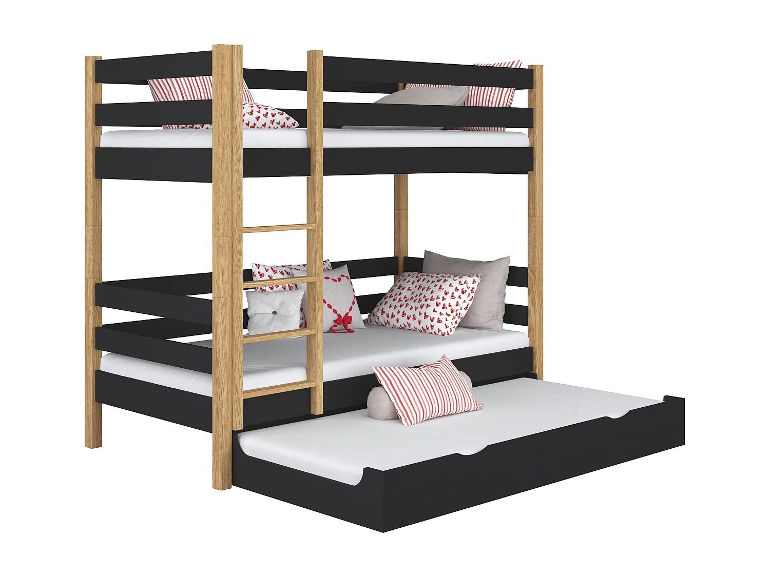 Lit superposé en bois - avec tiroir pour matelas N01 Noir / Chêne Naturel 120x180
