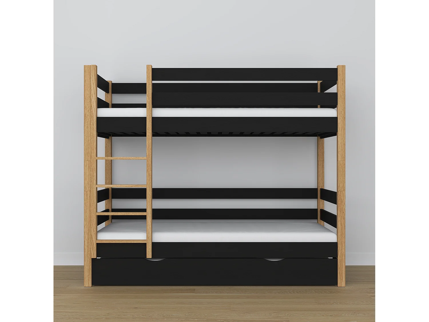 Lit superposé en bois - avec tiroir pour matelas N01 Noir / Chêne Naturel 120x180
