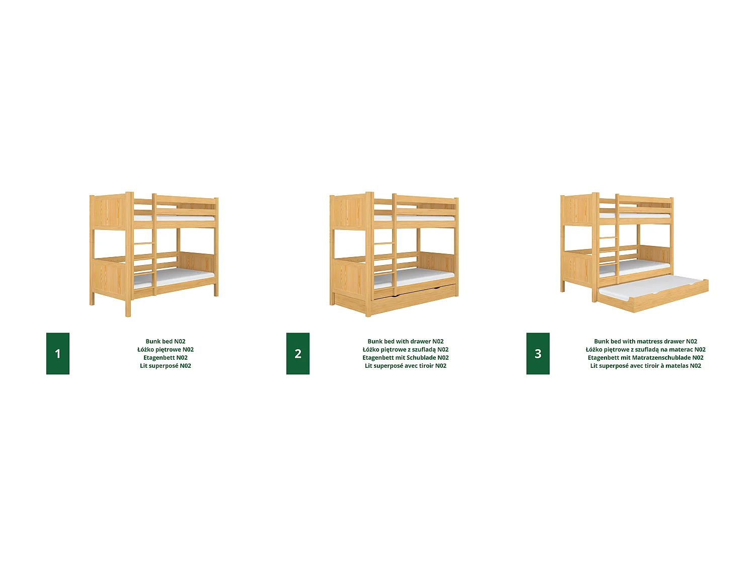 Lit superposé en bois - avec tiroir pour matelas N02 Pin Naturel 80x190