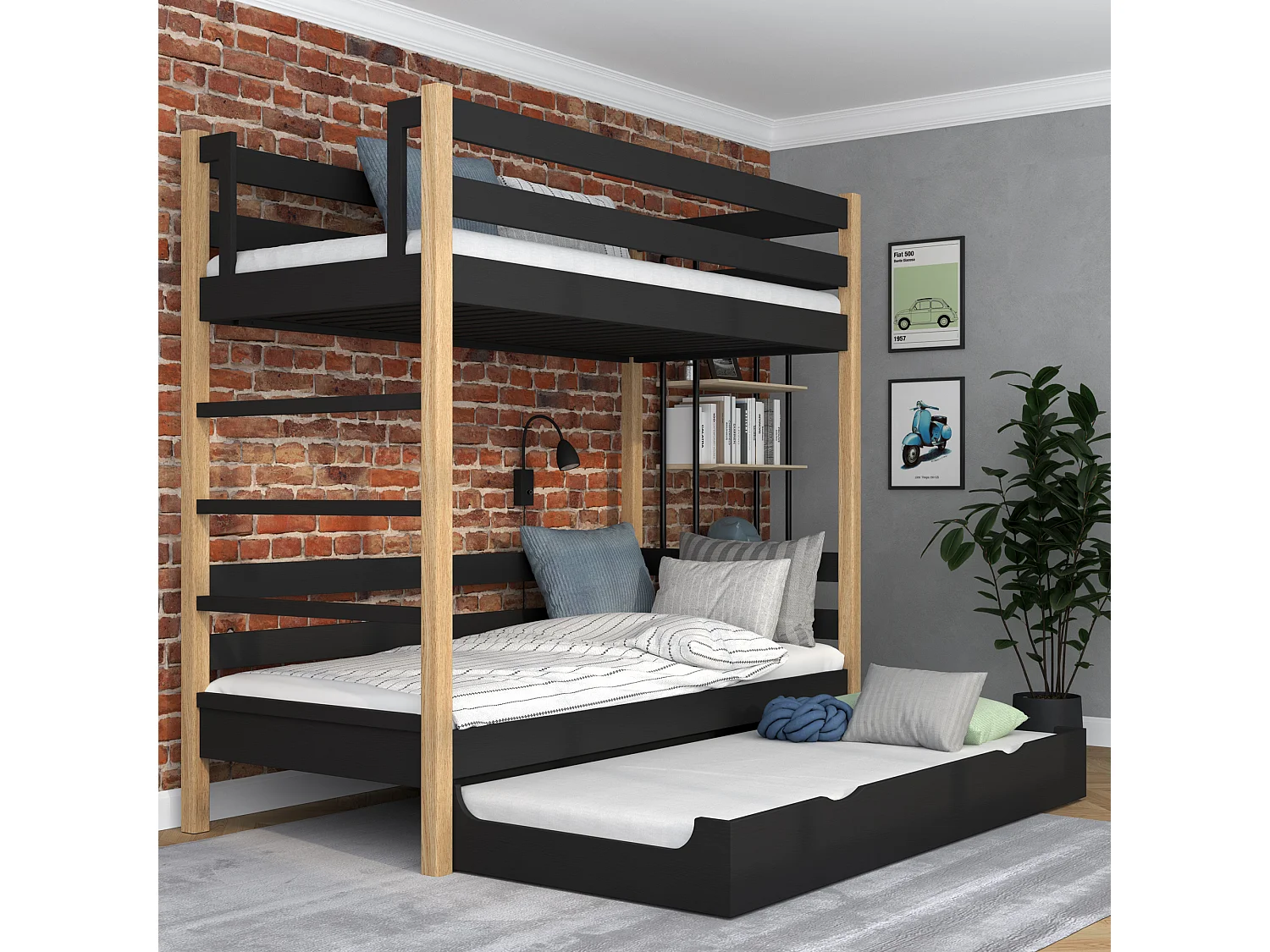 ETAGENBETT N03 mit Matratzenschublade Schwarz / Eiche Natur 120x180