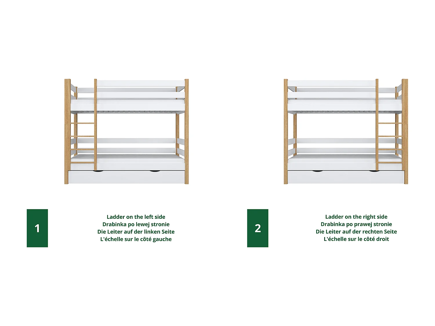 Lit superposé en bois - avec tiroir pour matelas N01 Blanc / Chêne Naturel 90x190