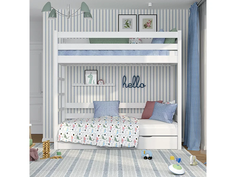 Lit superposé en bois - avec tiroir pour matelas N03 Blanc 90x180