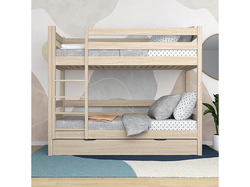 Lit superposé en chêne - avec tiroir pour matelas N01 Chêne Blanchi 90x200