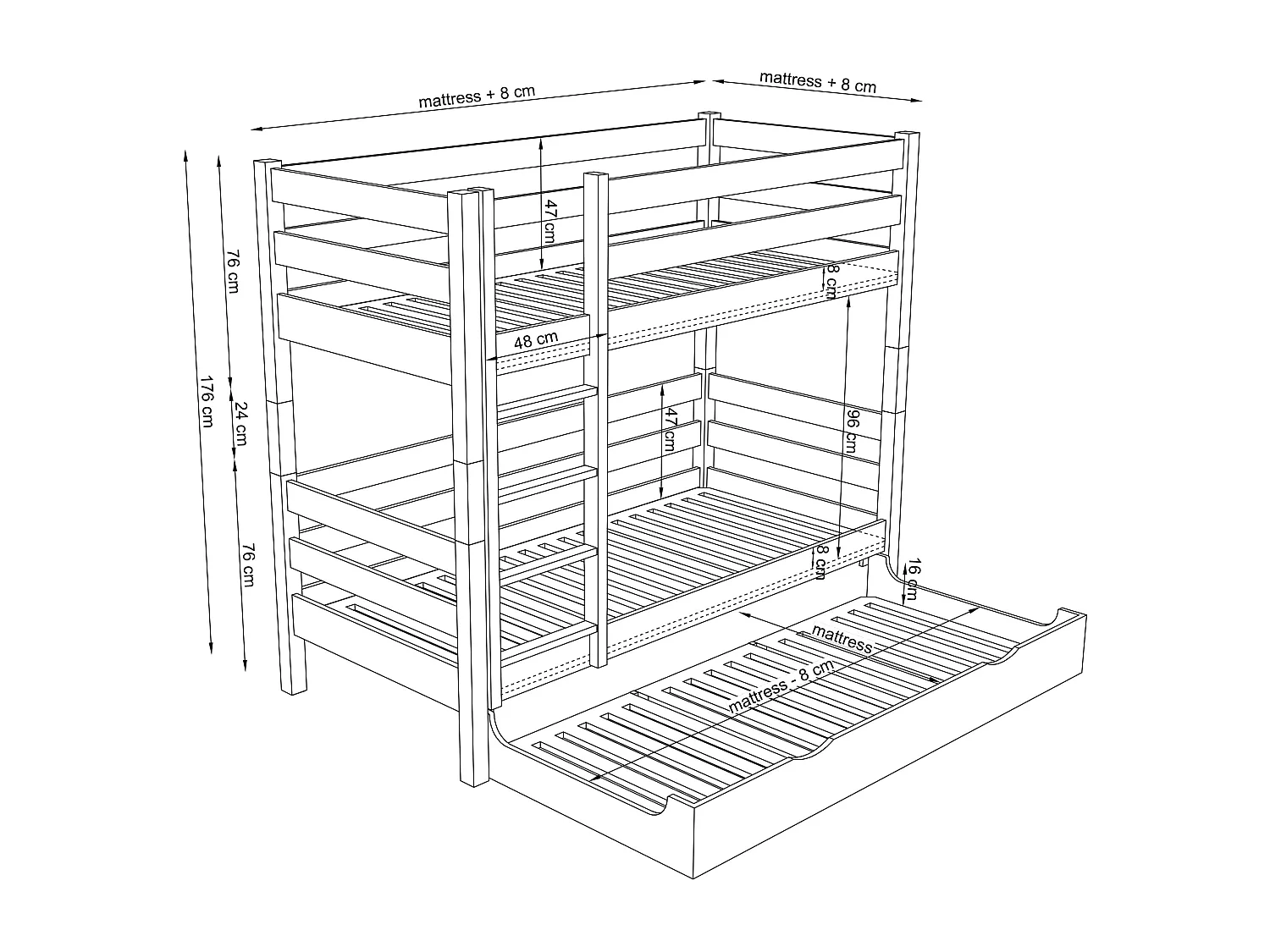 Lit superposé en chêne - avec tiroir pour matelas N01 Chêne Blanchi 80x180