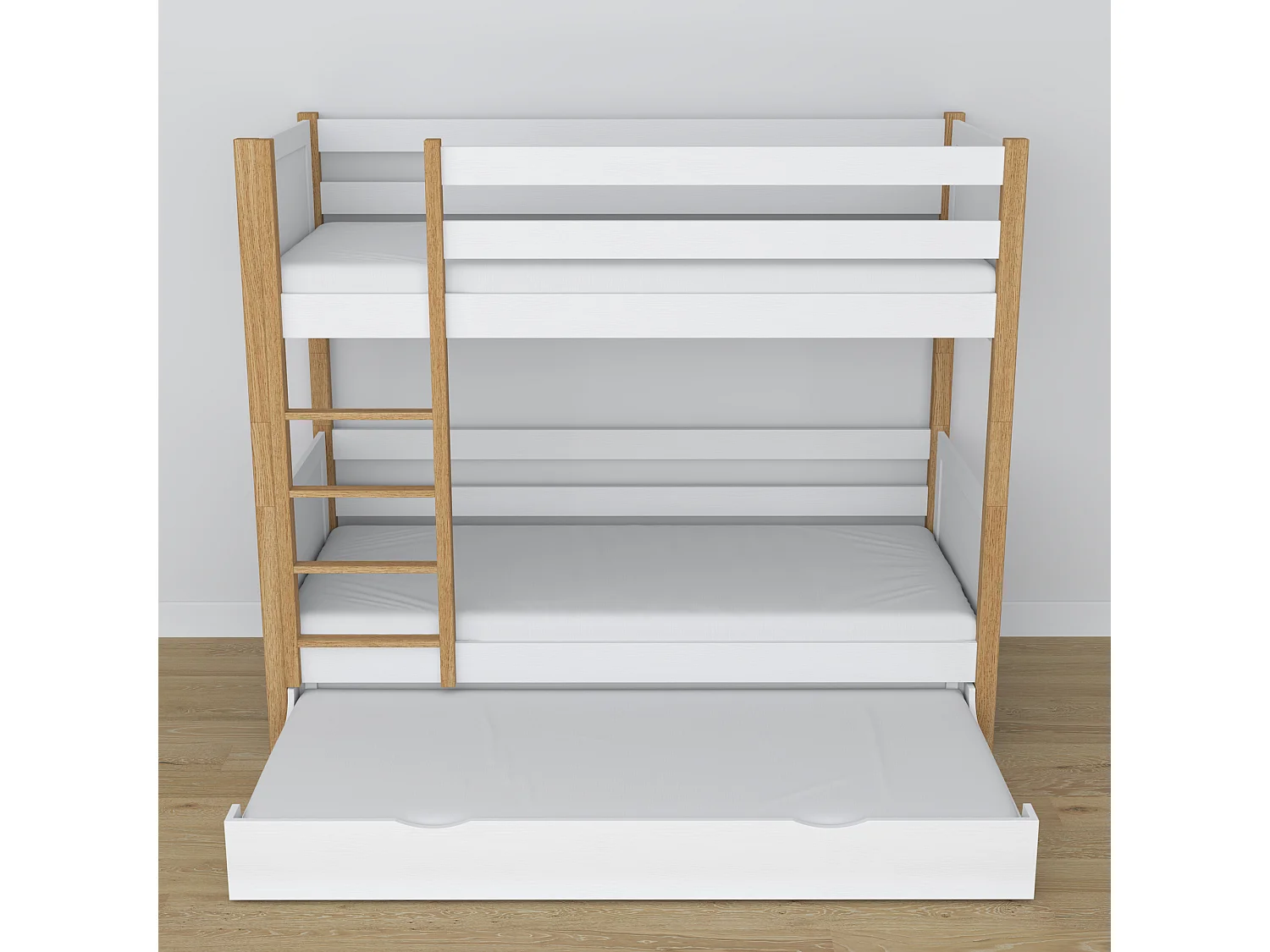 Lit superposé en bois - avec tiroir pour matelas N02 Blanc / Chêne Naturel 120x180