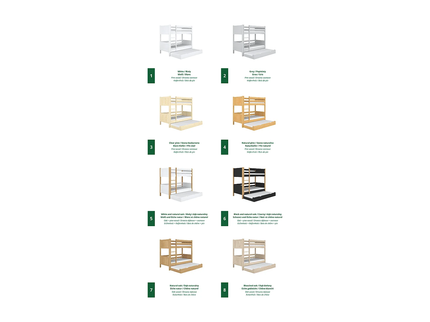 Lit superposé en bois - avec tiroir pour matelas N02 Blanc / Chêne Naturel 120x180