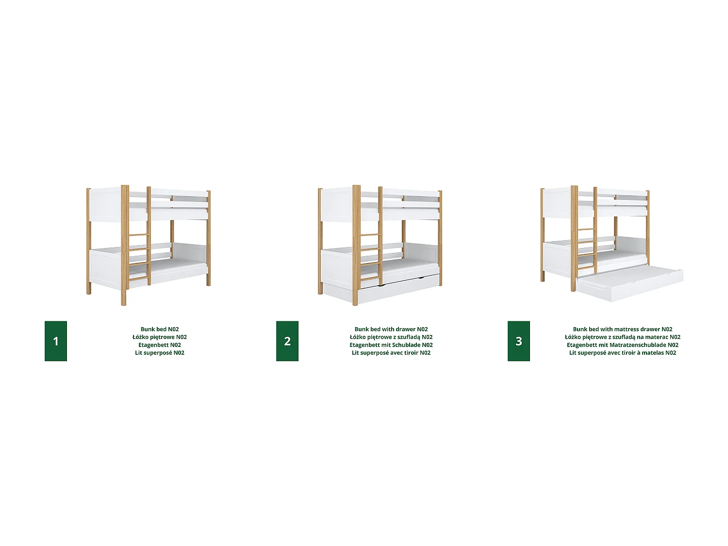 Lit superposé en bois - avec tiroir pour matelas N02 Blanc / Chêne Naturel 100x180