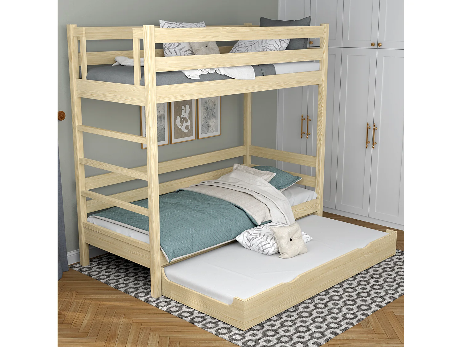 ETAGENBETT N03 mit Matratzenschublade Klare Kiefer 100x190