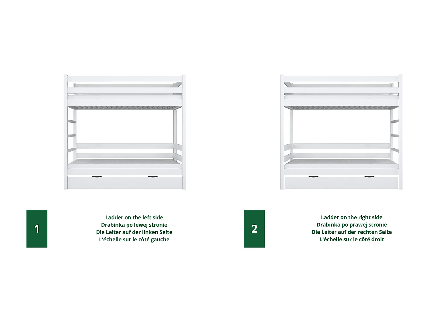 Lit superposé en bois - avec tiroir pour matelas N03 Blanc 120x180