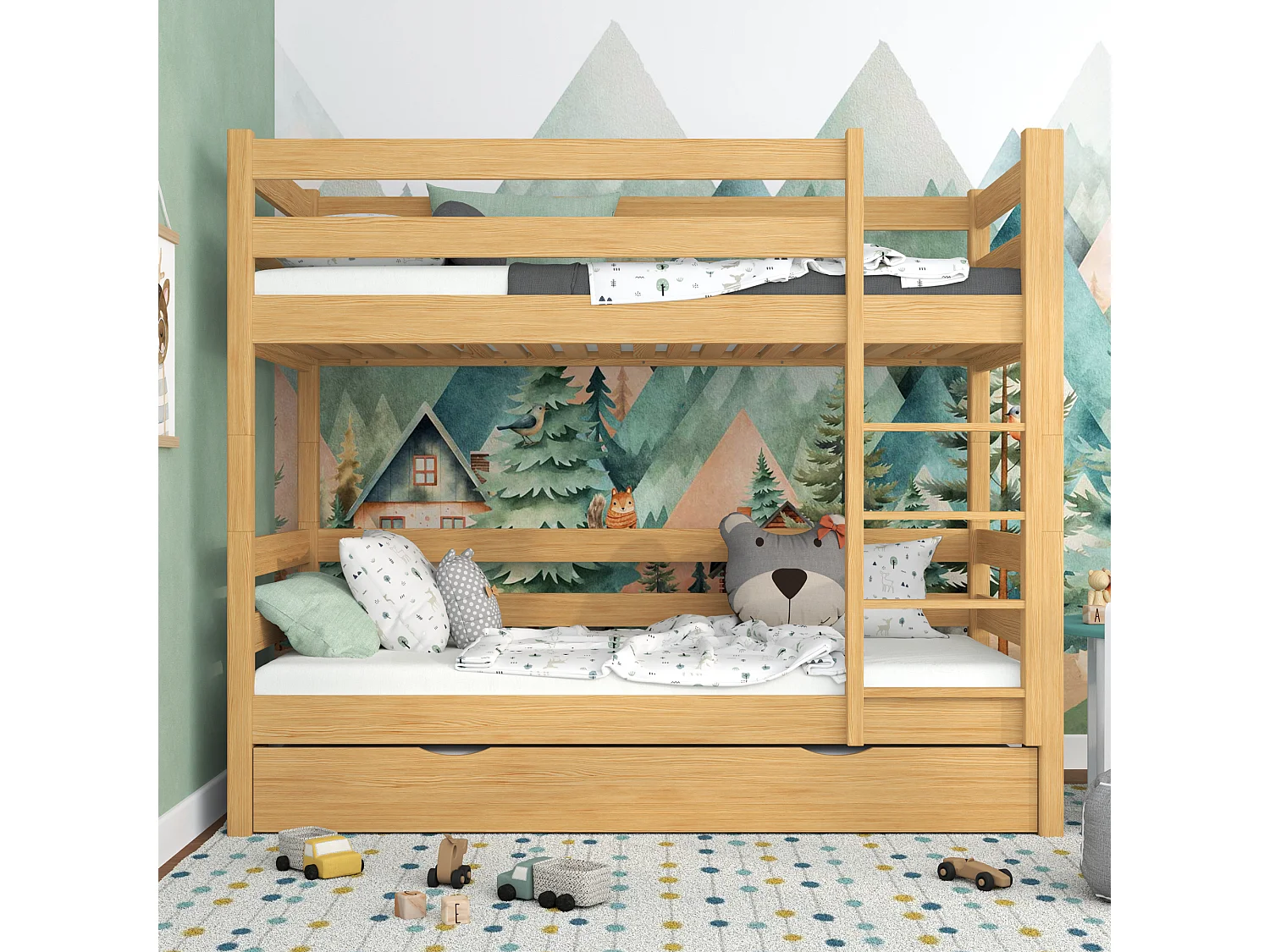 ETAGENBETT N01 mit Matratzenschublade Naturkiefer 80x190