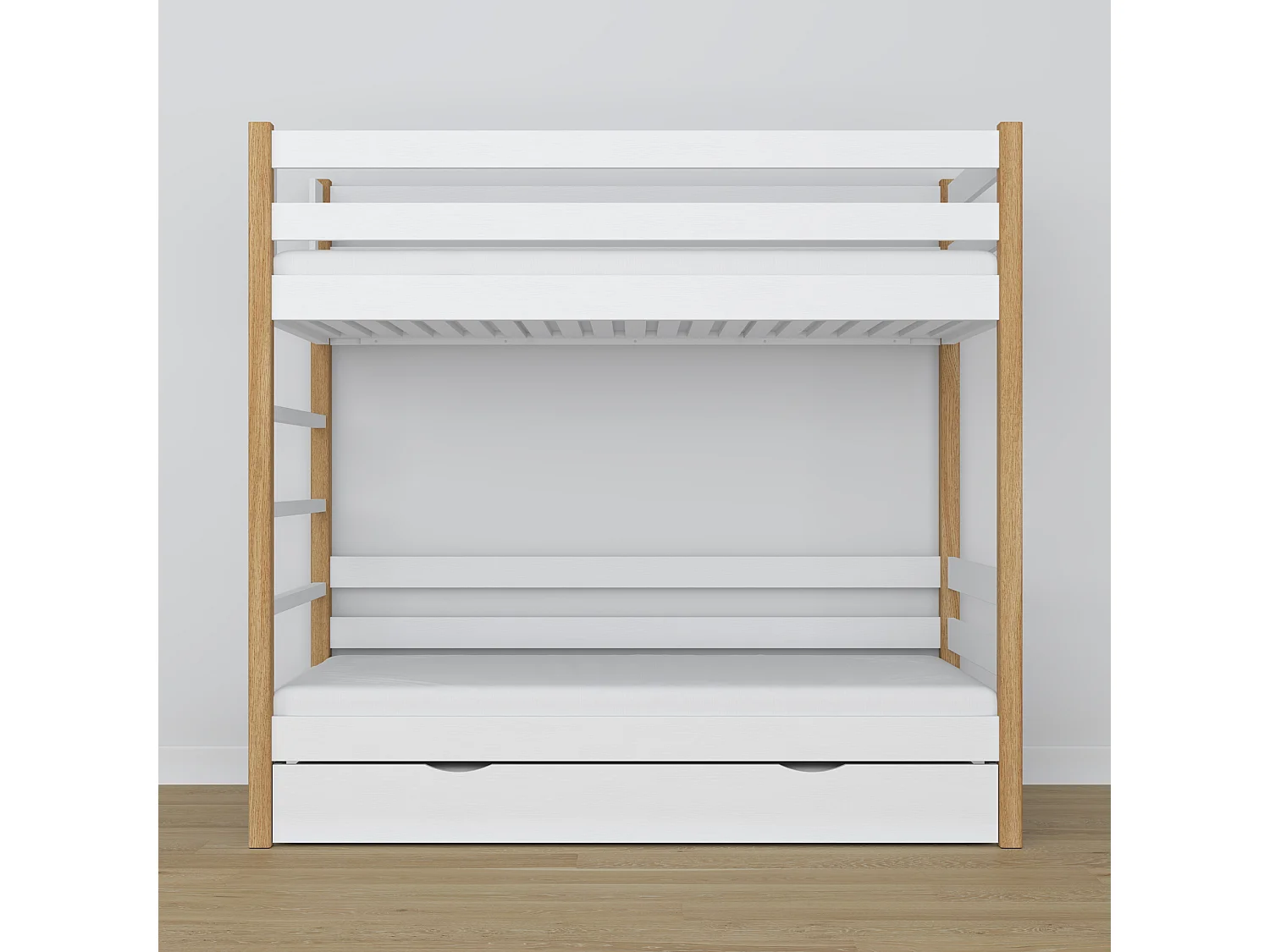 Lit superposé en bois - avec tiroir pour matelas N03 Blanc / Chêne Naturel 100x200