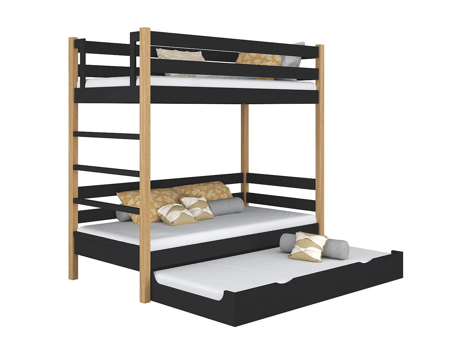 Lit superposé en bois - avec tiroir pour matelas N03 Noir / Chêne Naturel 100x180